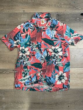 C&C California 100% Linen Coral Tropical Floral Short-Sleeve Button-Down 1056